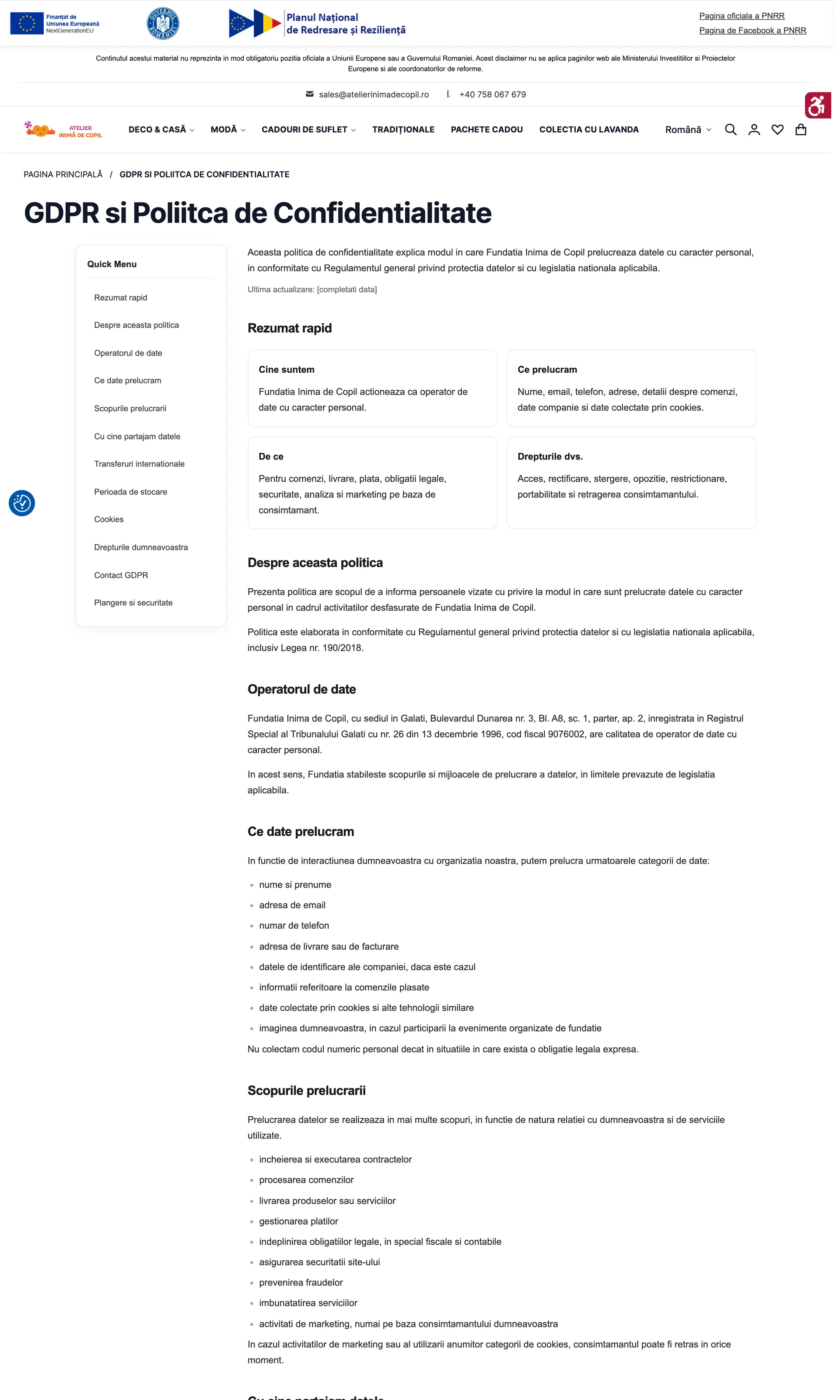 Atelier Inima de Copil: Static pages, GDPR and privacy policy