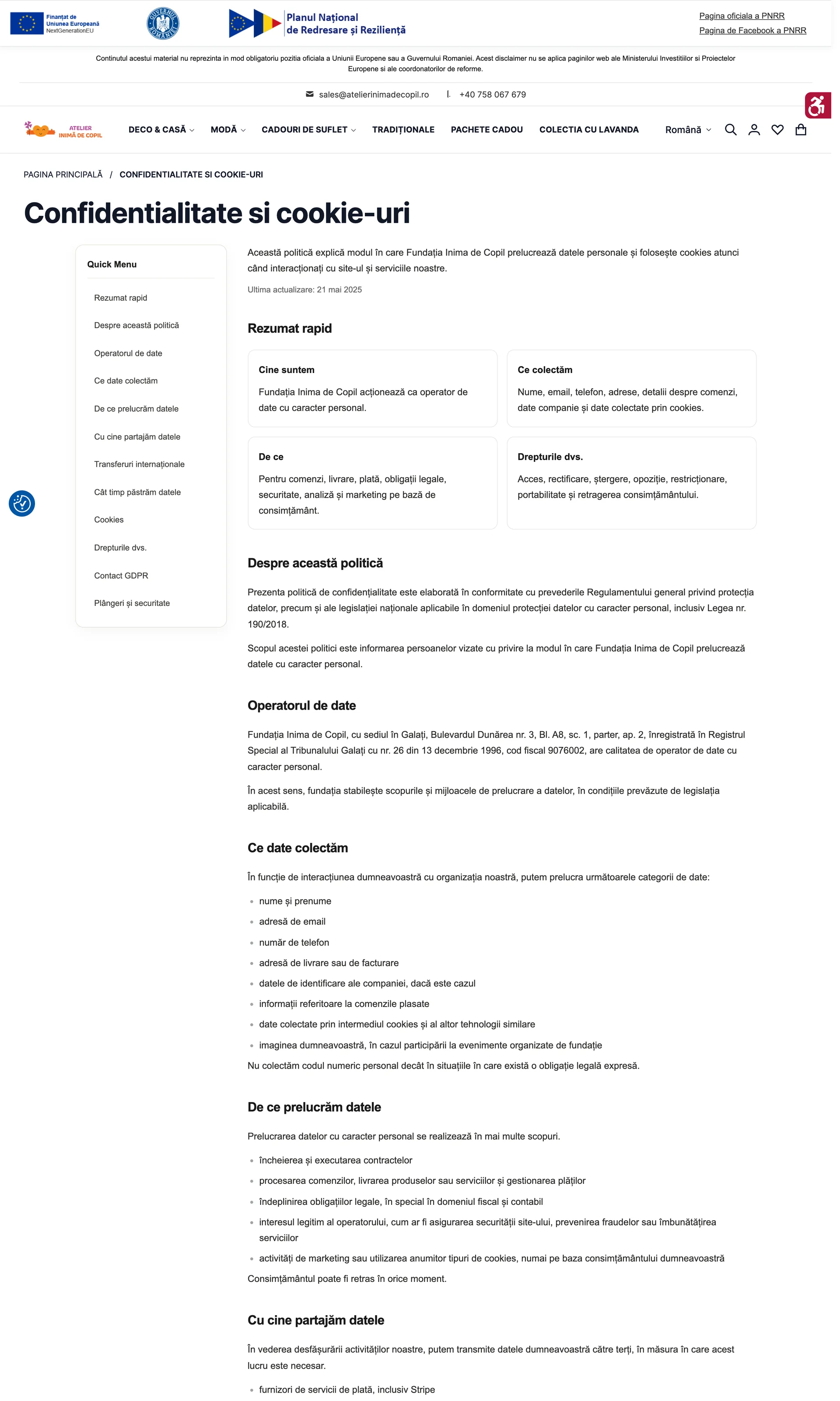 Atelier Inima de Copil: Static pages, Privacy and cookies