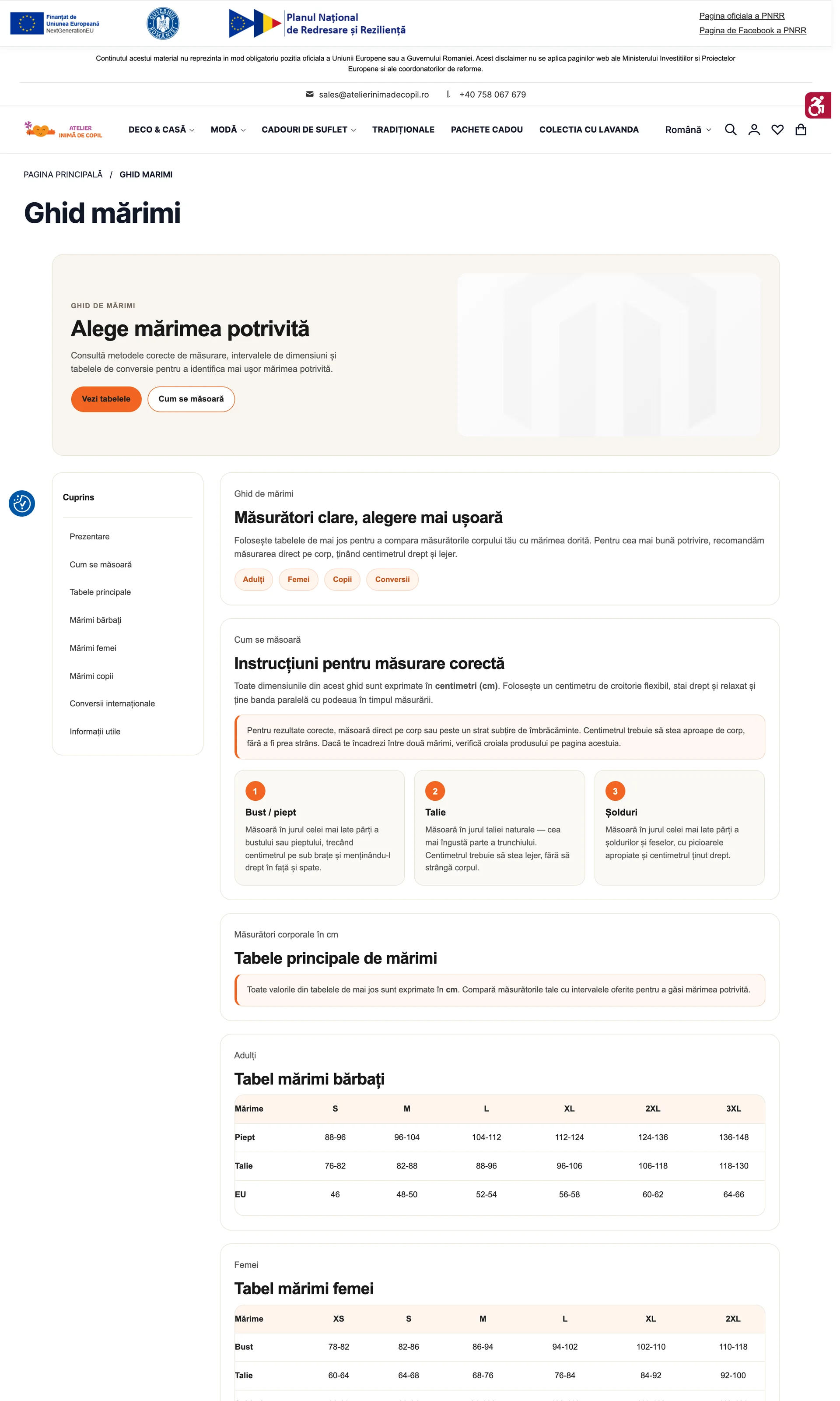 Atelier Inima de Copil: Static pages, Size guide